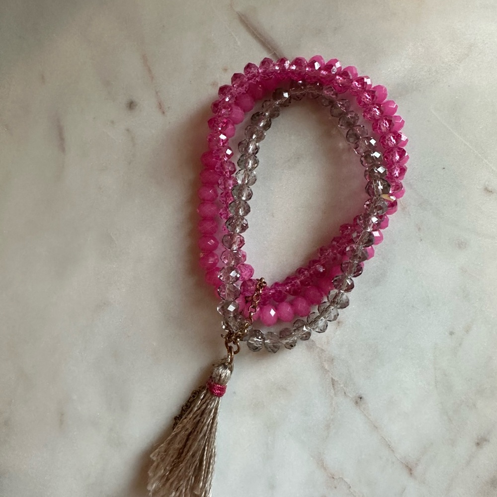 Pink and gray beaded bracelet with tassels! New!